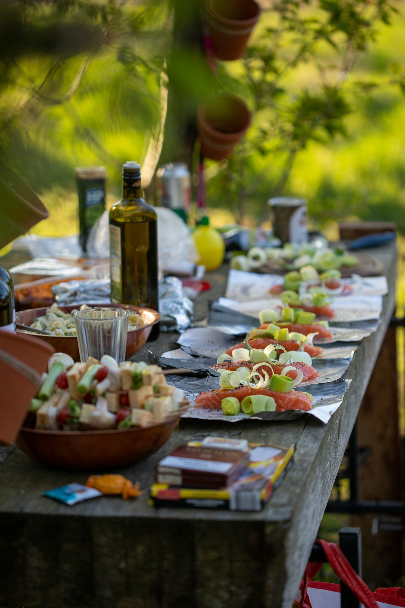 The long table covered with shared plates